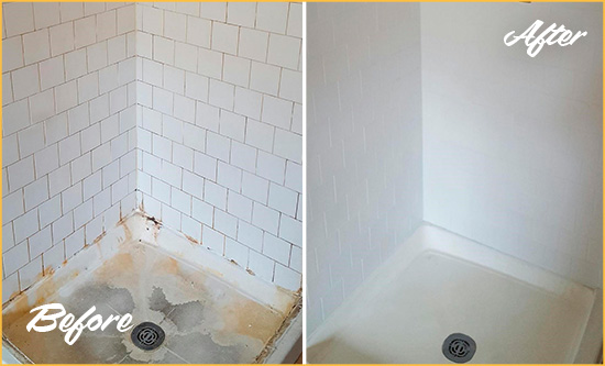 Before and After Picture of a Westport Shower Tile and Grout Cleaned to Remove Soap Scum