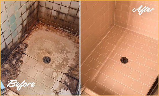 Before and After Picture of a Shippan Point Shower Tile and Grout Cleaned to Repair Water Damage