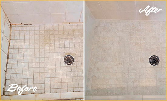 Before and After Picture of a Wilton Shower Caulked to Fix Cracks