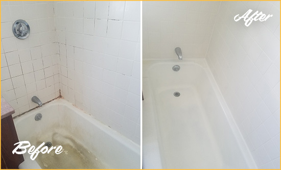Before and After Picture of a Shelton Bathtub Caulked to Repair Cracks