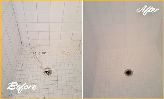 Before and After Picture of a Noroton Heights Bathroom Re-Caulked To Repair Damaged Caulking