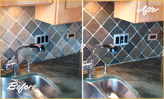 Before and After Picture of a Sharon Backsplash Caulked to Fix and Prevent Water Leaks