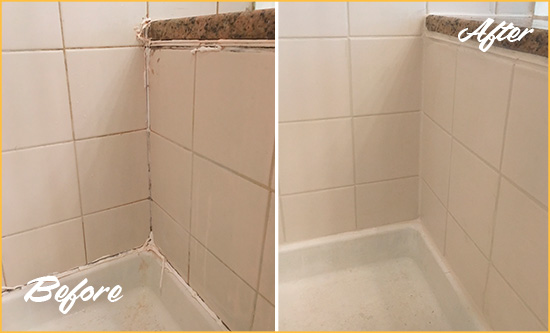 Before and After Picture of a Sherman Shower Caulked to Repair Damaged Caulking