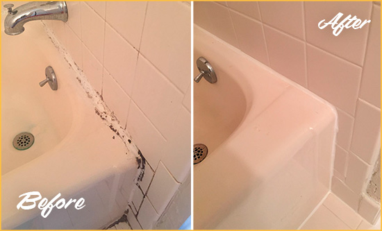 Before and After Picture of a Round Hill Bathroom Sink Caulked to Fix a DIY Proyect Gone Wrong