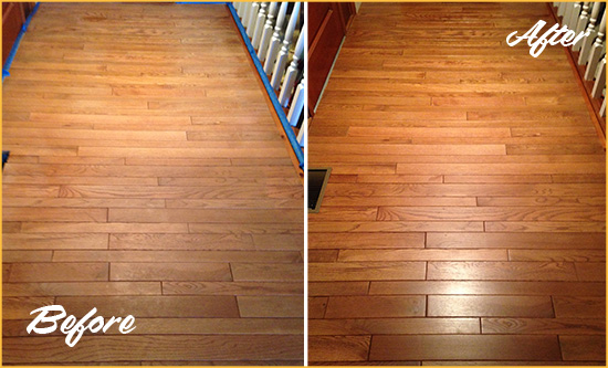 Before and After Picture of a Shelton Wood Sandless Refinishing Service on a Dull Hallway