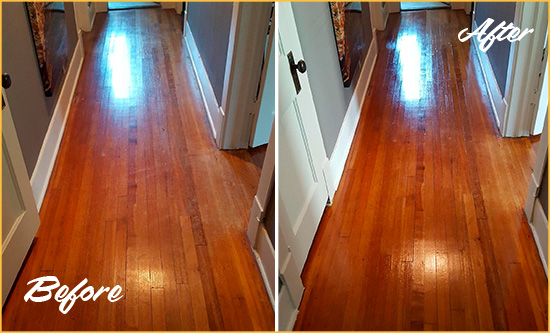 Before and After Picture of a Stratford Wood Sandless Refinishing Service on a Floor to Eliminate Scratches