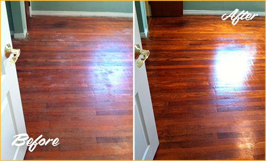 Before and After Picture of a Bethel Wood Sandless Refinishing Service on a Dull Floor to Remove Stains