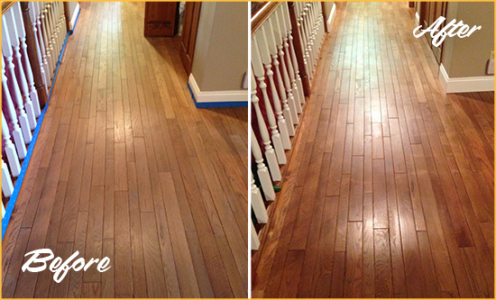 Before and After Picture of a Warren Wood Sandless Refinishing Service on a Worn Out Floor