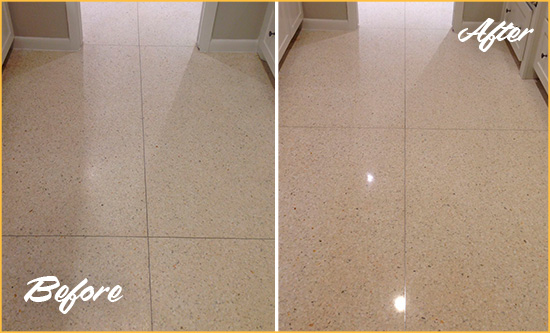 Before and After Picture of a Brookfield Granite Stone Floor Polished to Repair Dullness