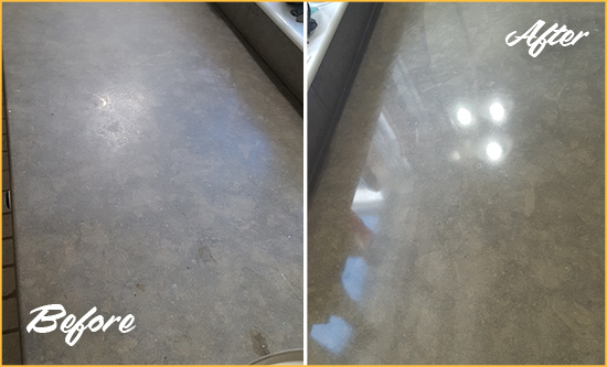 Before and After Picture of a Dull Kent Limestone Countertop Polished to Recover Its Color