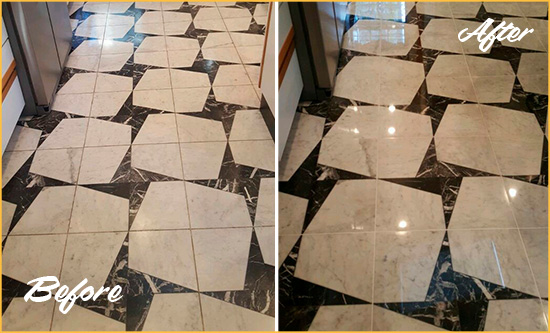 Before and After Picture of a Dull Woodbury Marble Stone Floor Polished To Recover Its Luster