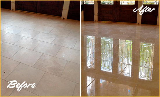 Before and After Picture of a Dull Kent Travertine Stone Floor Polished to Recover Its Gloss