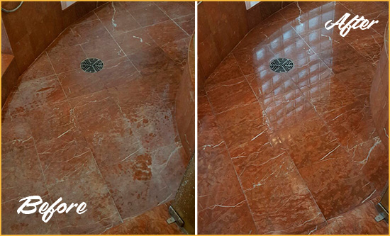 Before and After Picture of a Thomaston Marble Stone Shower Polished to Eliminate Mineral Deposits