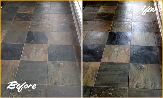 Before and After Picture of a Dull Saugatuck Slate Floor Sealed to Bring Back Its Colors