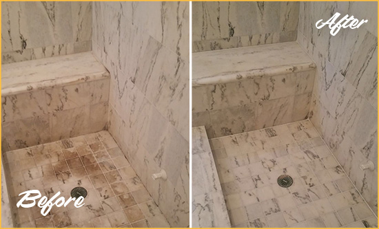 Before and After Picture of a Dirty Shippan Point Marble Shower Cleaned to Eliminate Dark Stains