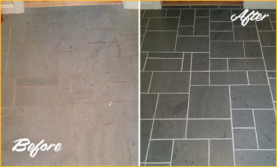 Before and After Picture of a Trumbull Slate Floor Cleaned to Remove Deep-Seated Dirt