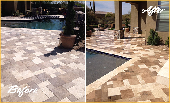Before and After Picture of a Dull Wilton Travertine Pool Deck Cleaned to Recover Its Original Colors