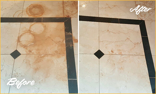 Before and After Picture of a Shippan Point Marble Floor Cleaned to Eliminate Rust Stains