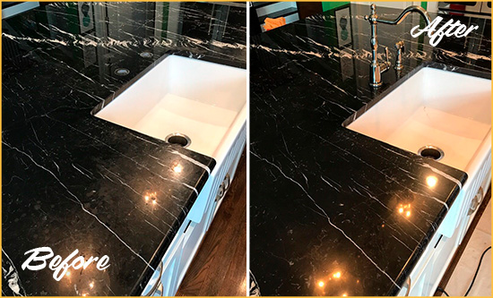 Before and After Picture of a Stratford Marble Kitchen Countertop Stone Sealed to Avoid Water Damage