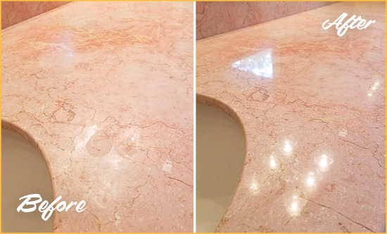 Before and After Picture of a Shippan Point Marble Stone Vanity Top Sealed to Avoid Water Marks
