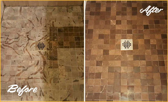 Before and After Picture of a New Milford Marble Shower Honed to Remove Etching