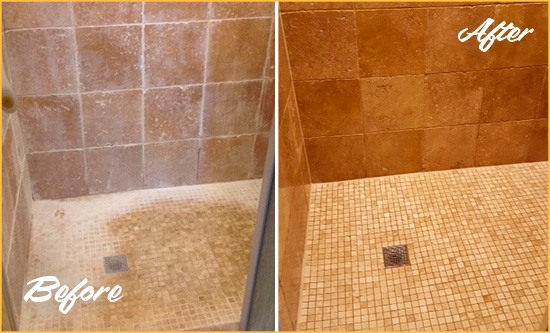 Before and After Picture of a Huntington Travertine Shower Honed to Remove Mineral Deposits