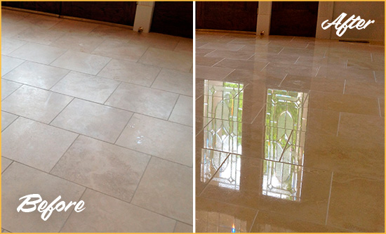 Before and After Picture of a Southport Hard Surface Restoration Service on a Dull Travertine Floor Polished to Recover Its Splendor