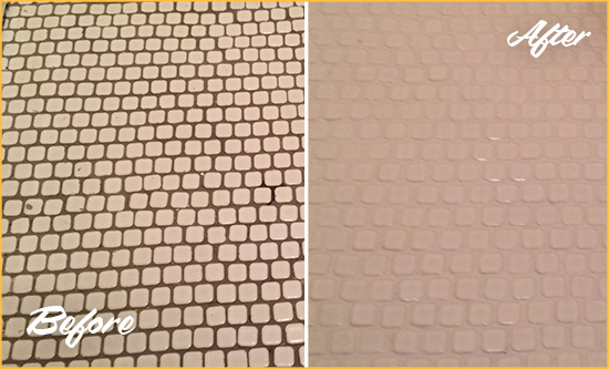 Before and After Picture of a Old Greenwich Hard Surface Restoration Service on a Bathroom Tile Floor Recolored to Fix Grout Color