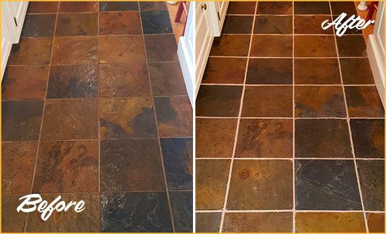 Before and After Picture of Stamford Slate Floor Grout Cleaned to Remove Dirt