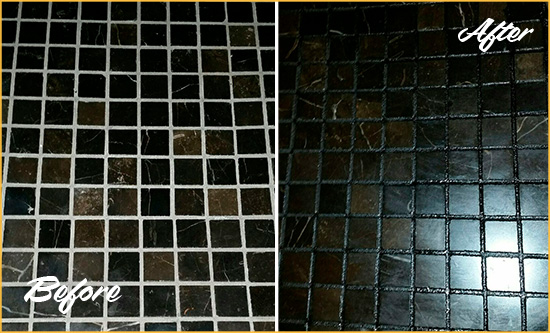 Before and After Picture of a Shippan Point Black Floor with Recolored Grout