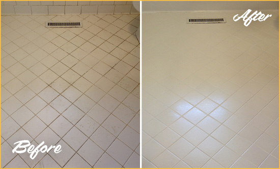 Before and After Picture of a Westport White Bathroom Floor Grout Sealed for Extra Protection