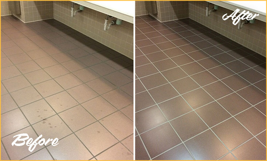 Before and After Picture of Dirty Noroton Heights Office Restroom with Sealed Grout