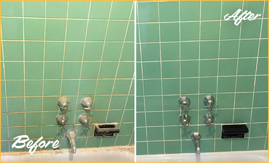 Before and After Picture of a Stratford Bath Tub Grout Sealed to Avoid Water Damage