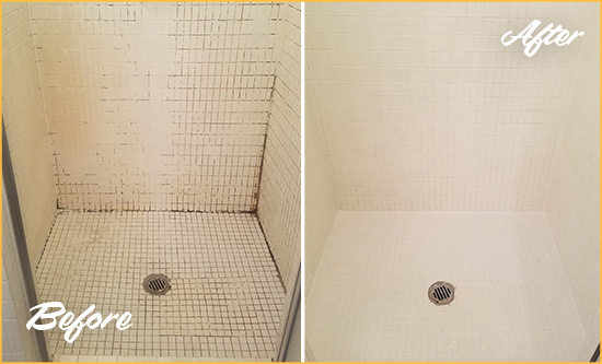 Before and After Picture of a Noroton Bathroom Grout Sealed to Remove Mold