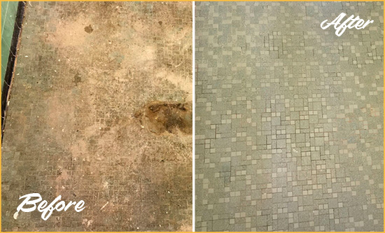 Before and After Picture of a Stamford Mosaic Shower Cleaned to Eliminate Embedded Dirt