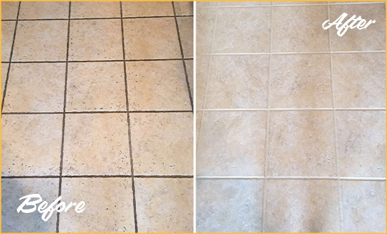 Before and After Picture of a Shippan Point Ceramic Floor Cleaned to Remove Soil