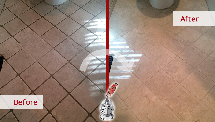 Before and after Picture of This Bathroom Floor Saved from Grime Thanks to a Grout Cleaning in Ridgefield, CT