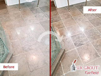 Before and After Picture of a Dull Bathroom Floor Restored with a Stone Honing Job in Darien, CT