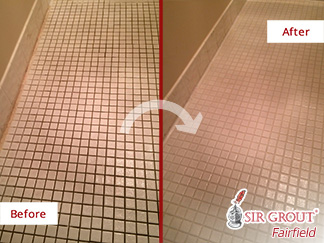 Before and After Picture of a Bathroom Grout Cleaning in Westport, CT