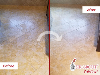 Before and after Picture of This Floor after Our Stone Honing Services in Ridgefield, CT