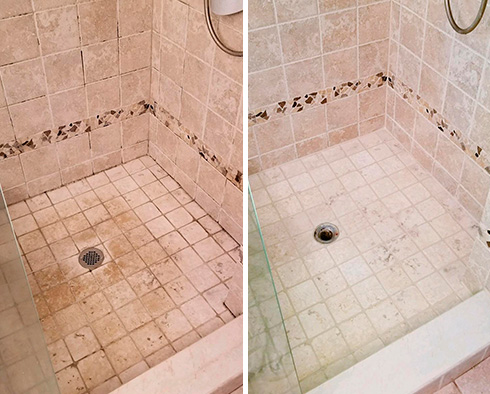 Before and after Picture of This Shower after a Stone Cleaning in Greenwich, CT