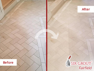 Before and after Picture of This Bathroom after a Grout Cleaning Service in New Canaan, CT