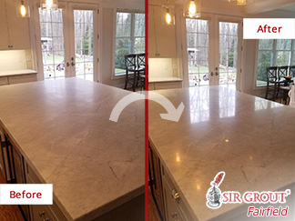 Kitchen Island Before and After a Hard Surface Restoration in Brookfield, CT