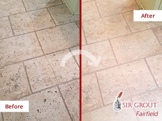 Before and After Image Showing How Our Cos Cob Stone Cleaning Professionals Transformed a Worn-Out Travertine Floor