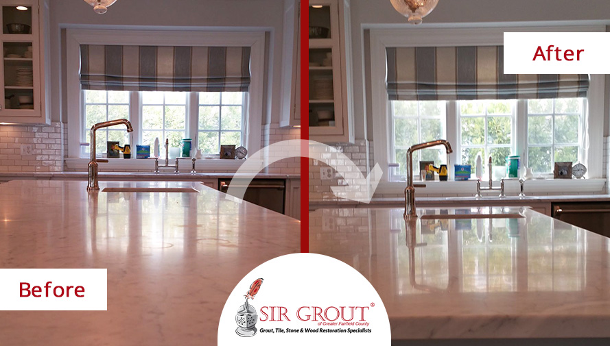 Before and After Picture of a Stone Honing Service on a White Marble Countertop in Greenwich, Connecticut