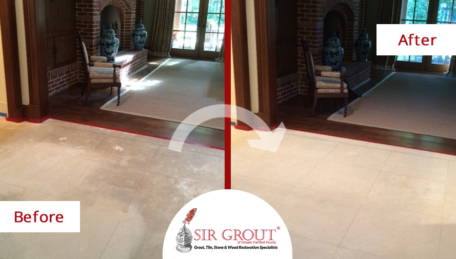 Before and After Picture of a Hard Surface Restoration Service on a Marble Floor in Stamford, Connecticut