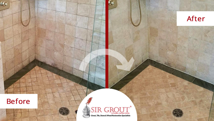 Before and After Picture of a Beautiful Stone Shower Brought Back to Life with a Grout Cleaning in Darien, CT