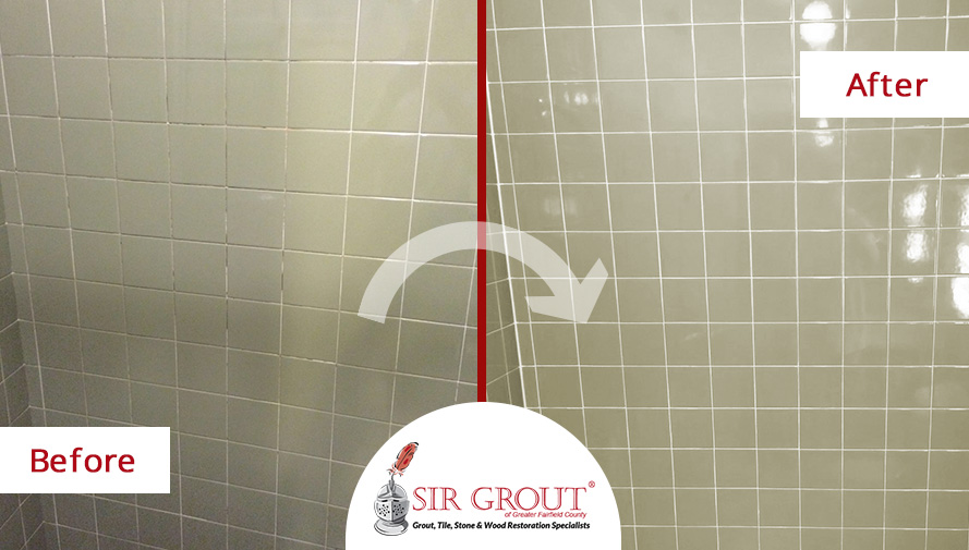 Before and After Picture of a Grout Cleaning and Caulking Service in Fairfield, CT