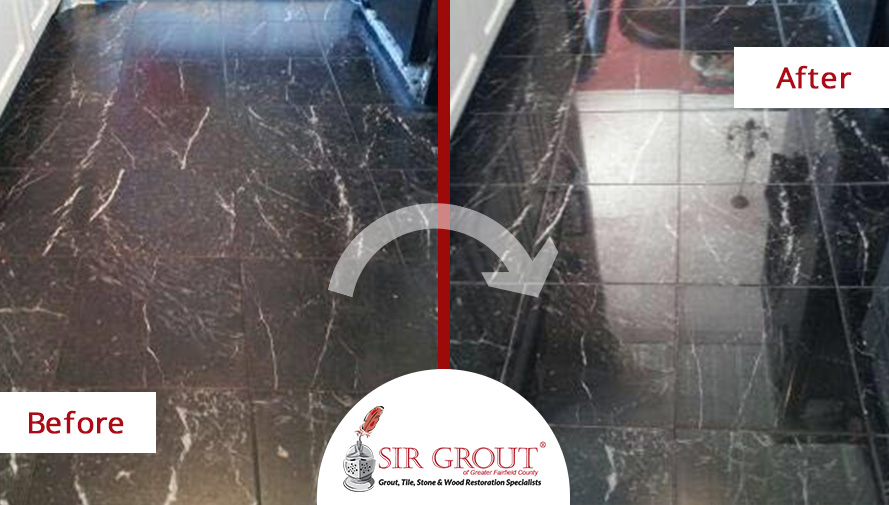 Before and After Picture of a Black Marble Floor Polishing Service in Danbury Connecticut