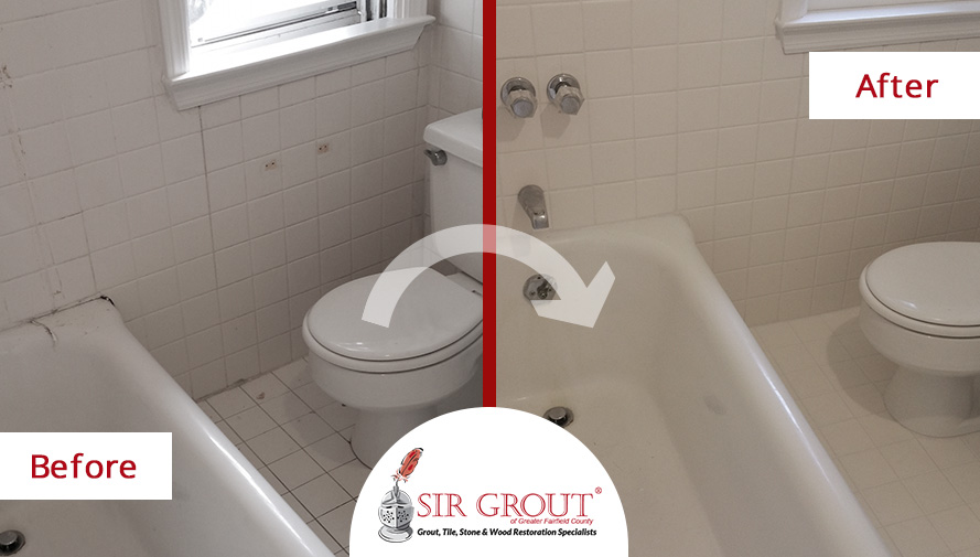 Before and After of a White Bathroom Caulking Service in New Canaan, Connecticut